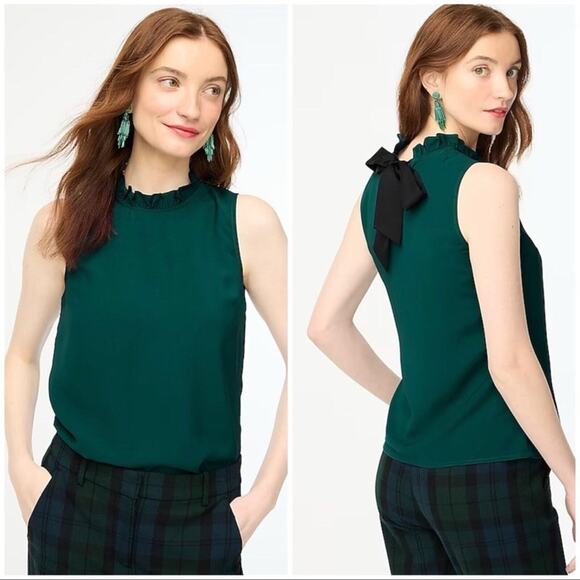 J. CREW | Emerald Green Ruffle Neck Black Bow Back Top Blouse Sz. Small - Picture 1 of 6